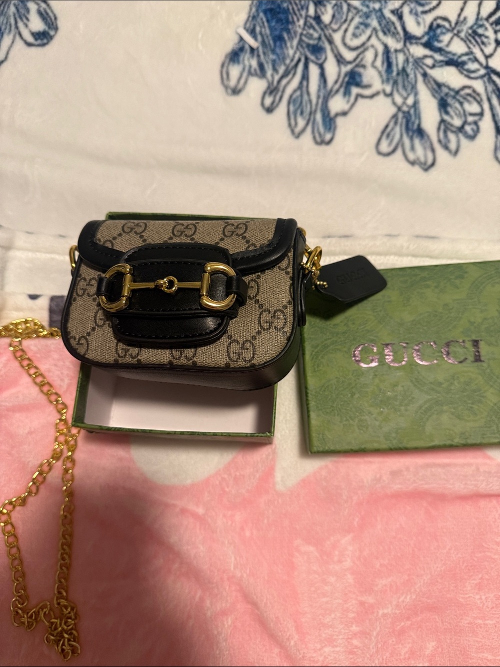 Gucci Beige GG Canvas Mini Bag with Black Leather Trim and Gold Hardware